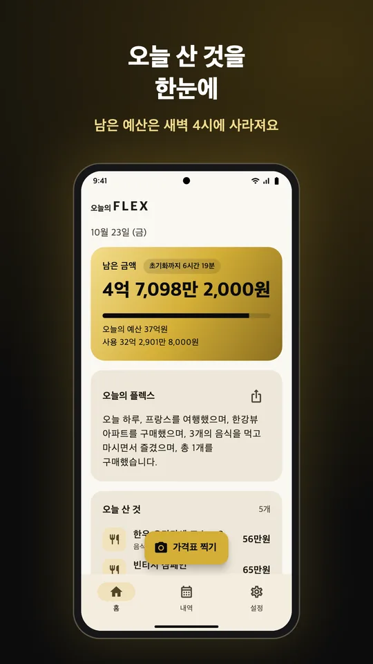 오늘 산 것을 한눈에. 남은 예산은 새벽 4시에 사라져요